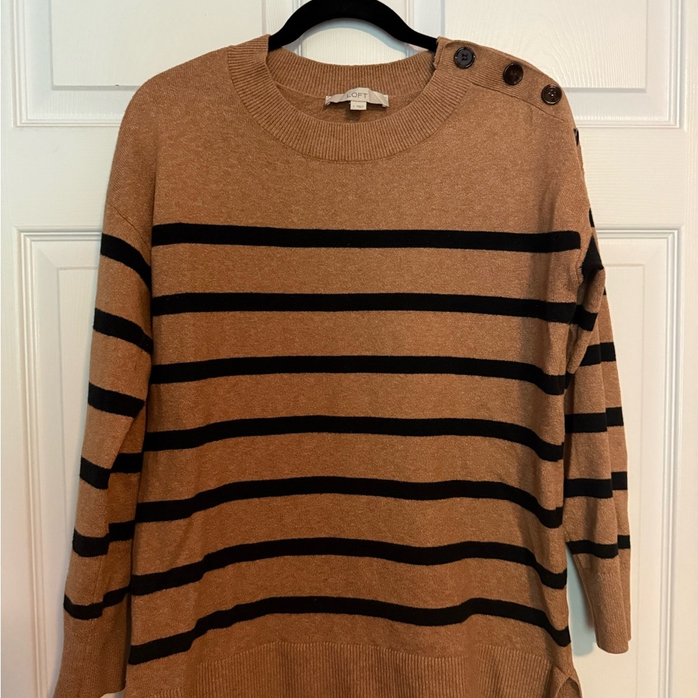 LOFT Tan and Black Crew Neck Sweater with Stripes